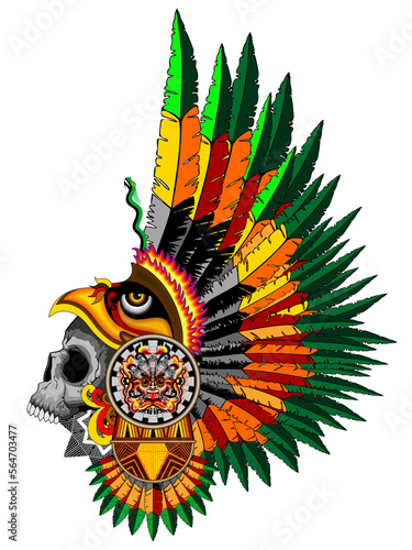 Aztec Eagle Warrior Mask with tribal elements and feathers Crown Decorations for Ancient Rituals Vector Illustration isolated on transparent Background © BluedarkArt