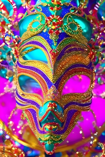 Extremely detailed mask, super fashion carnival costume, bright, flashy, colorful and shiny, pink background. Generative Ai