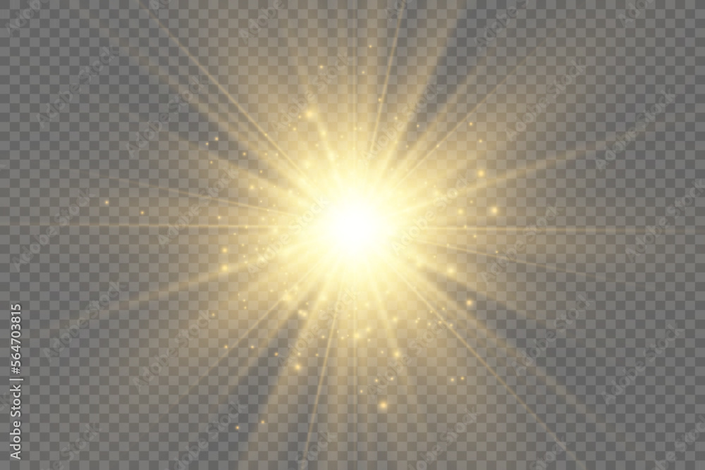 Special lens flash, light effect. The flash flashes rays and searchlight. illust.White glowing light. Beautiful star Light from the rays. The sun is backlit. Bright beautiful star. Sunlight. Glare.	