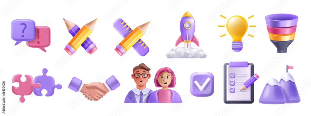 3D teamwork partner person avatar icon set, vector puzzle, handshake, partnership project funnel. Business management strategy, success cup, startup rocket. 3D teamwork user connect company concept 3D teamwork partner person avatar icon set, vector puzzle, handshake, partnership project funnel. Business management strategy, success cup, startup rocket. 3D teamwork user connect company concept