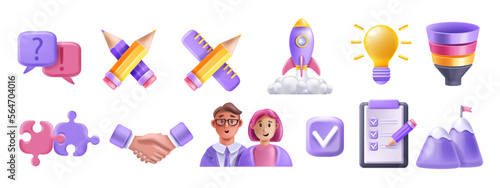 3D teamwork partner person avatar icon set, vector puzzle, handshake, partnership project funnel. Business management strategy, success cup, startup rocket. 3D teamwork user connect company concept