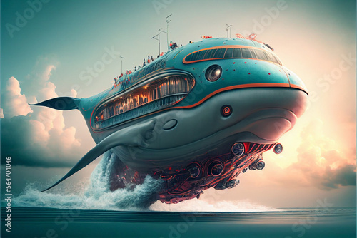 Spaceship flying over the ocean. Futuristic means of transportation concept. Ai generated © Cala Serrano