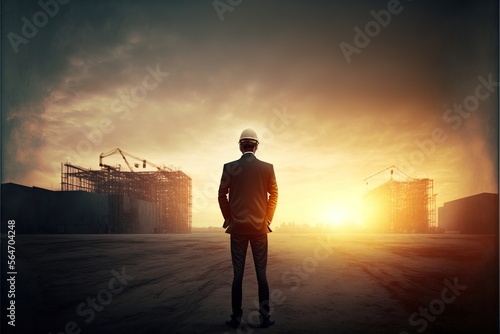 Silhouette of businessman looking at construction building site progress with backlight nigh sunset, generative ai photo