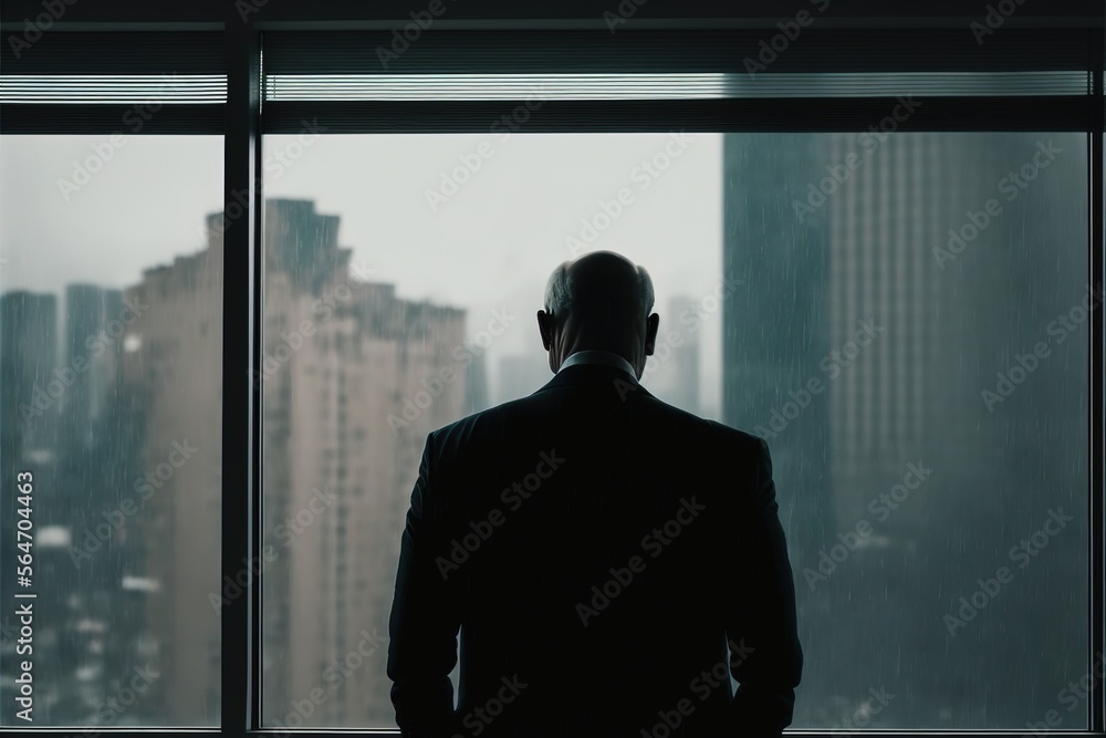 Silhouette of senior business man looking at window city landscape view with backlight nigh sunset, generative ai Silhouette of senior business man looking at window city landscape view with backlight nigh sunset, generative ai