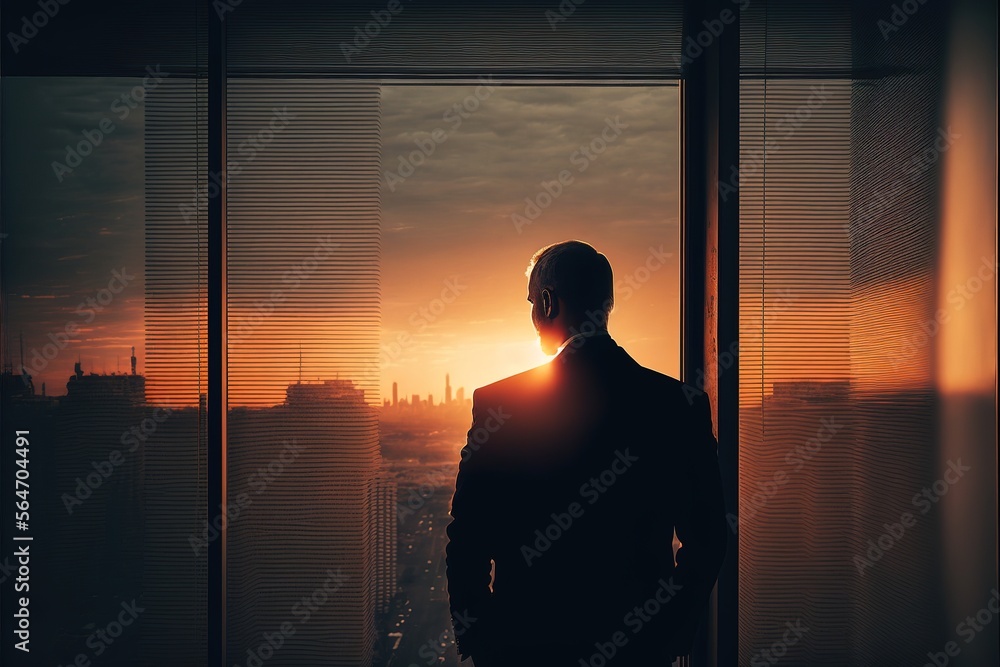 Silhouette of business man looking at window city landscape view with backlight nigh sunset, generative ai Silhouette of business man looking at window city landscape view with backlight nigh sunset, generative ai