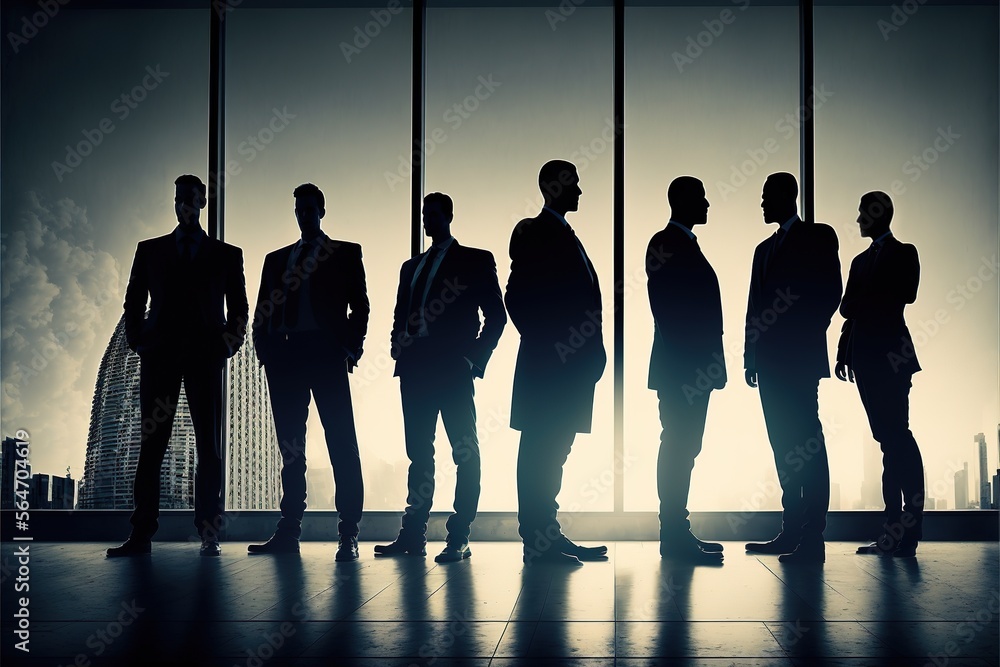 Silhouette of business people posing in office construction site with backlight night sunset, generative ai
