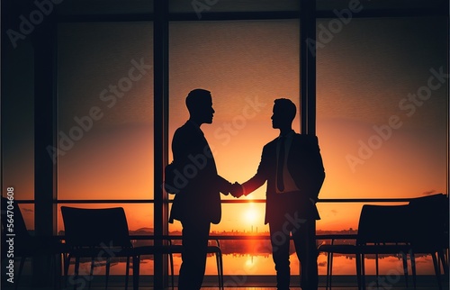 Silhouette of business people shake hand in office with backlight nigh sunset, generative ai © Arisctur