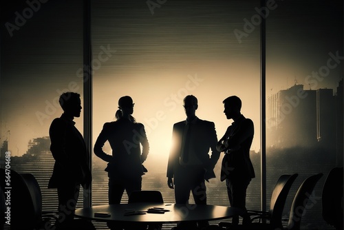 Silhouette of business people posing in an office construction site with backlight night sunset, generative ai