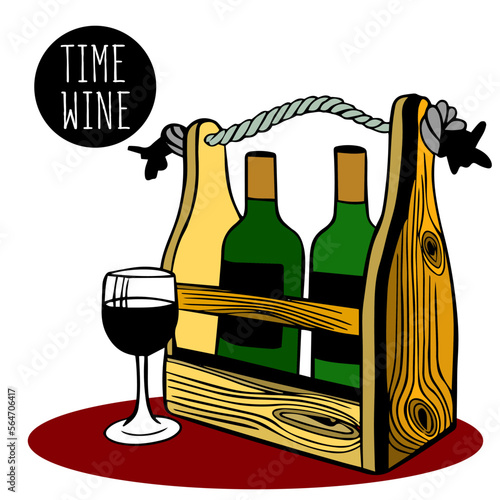 Two bottles of wine in green glass stand in wooden wine stand. box for bottles. wine rack made of solid wood. Wine shelf. bottle holder. for the sommelier