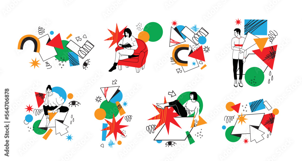 Outline characters, people in different poses and various geometric shapes and colorful abstract figures. Different mood, positions. Hand drawn vector illustration