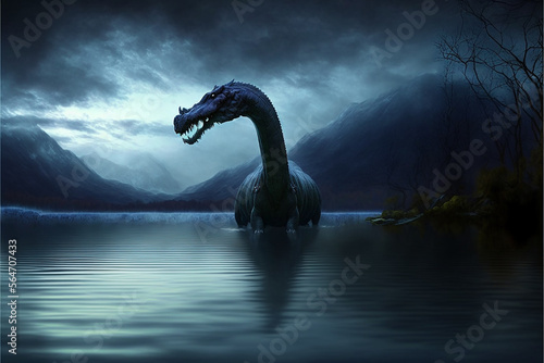 Cryptozoology: The study of animals and creatures that are considered to be legendary or mythical, such as Loch Ness Monster. AI generative photo
