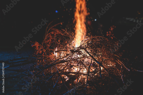 Orthodox Christmas celebration in Montenegro and Serbia, process of burning the Badnjak, fire with oak tree logs and branch during Badnji dan, the Christmas Eve. Bonfire, church and people around photo