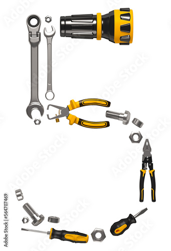 The "5" number laid out of construction tools. PNG illustration with transparent background on engineering, construction, interior finishing, repair and maintenance themes. A part of 0-9 set.