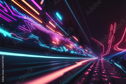 Glowing colorful of neon light or laser moving high speed data network technology. Generative AI