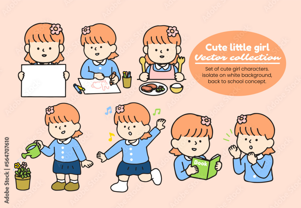 Set of cute girl characters. isolate on white background, back to school concept.
