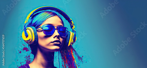 Girl with Headphones Listening to Music on a blue Background with Room for Copy (Generated with AI)