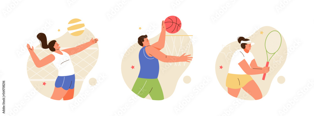 Athletic people sports ball games. Volleyball, basketball, tennis players. Olympic Games, competitions vector characters