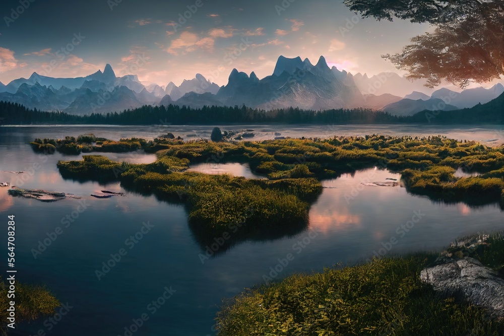 Fototapeta premium Morning View in the Mountain with lake. Genarative AI