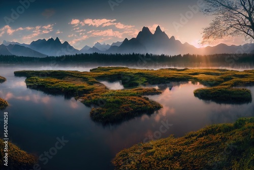 Morning View in the Mountain with lake. Genarative AI © CREATIVE STOCK