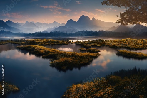 Morning View in the Mountain with lake. Genarative AI © CREATIVE STOCK