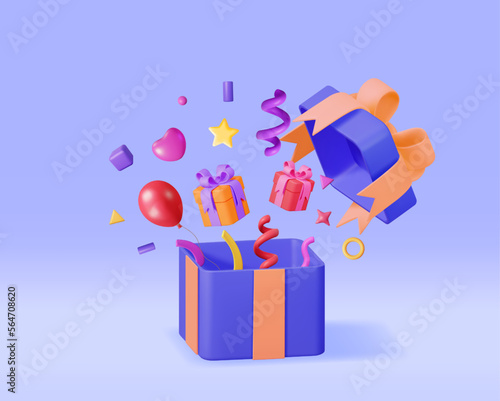 3D Open Gift Box With Falling Confetti. Render Present Box Surprice. Christmas. New Year Sale, Shopping. Present Box with Bows Ribbons. Giftbox for Valentine, Birthday and Holiday. Vector Illustration