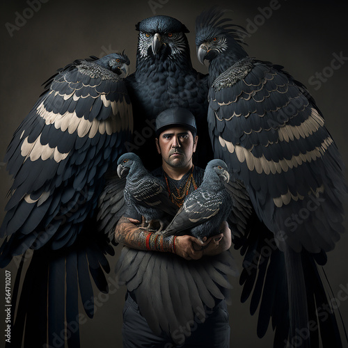 Personaje latino con sombrero negro, rodeado de aves tropicales de plumaje oscuro de la familia de los loros y de varios tamaños que le rodean. photo
