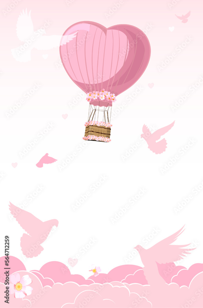 Romantic poster for the holiday of lovers, for birthdays. wedding, valentine's day, with a heavenly landscape, clouds, an airship in the form of a heart and a bunch of flowers and a flock of birds