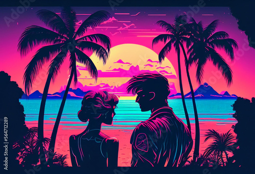 Couple in love on tropical island. Romantic sea sunset. Silhouette.