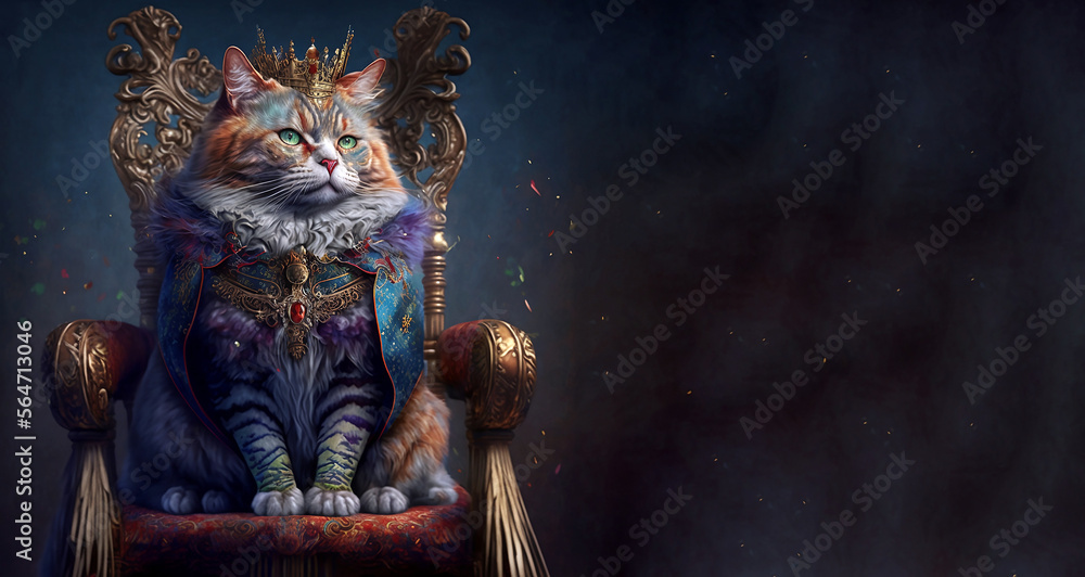 Fototapeta premium The Royal cat with luxury dress costume. Close up Portrait King cat with throne and crown. Generative AI.