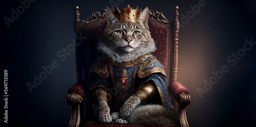 The Royal cat with luxury dress costume. Close up Portrait King cat with throne and crown. Generative AI.