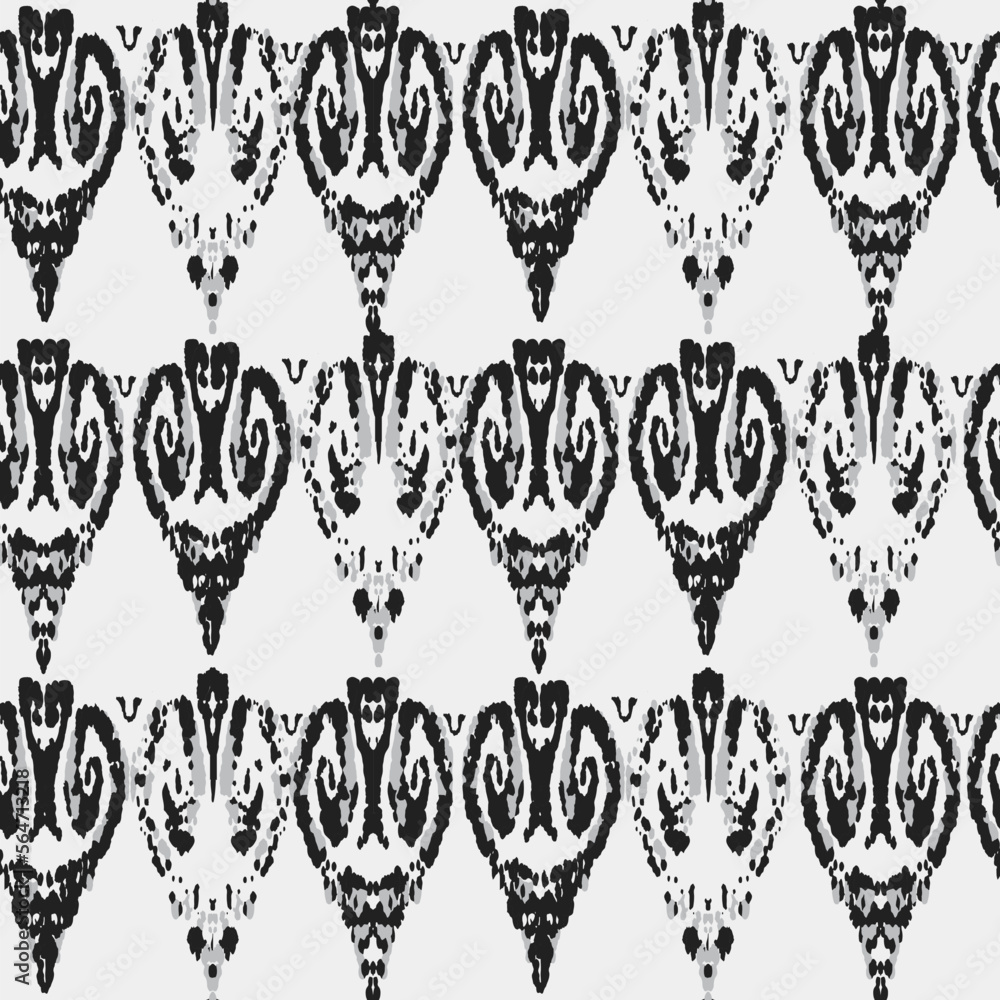 Ethnic Vector Pattern. Bohemian Peacock Print. Monochrome and Greyscale Geometric Ikat Seamless Design. Fashion Retro Art. Vintage Ornament. Rhombus Watercolor Background. Abstract Modern Batik.