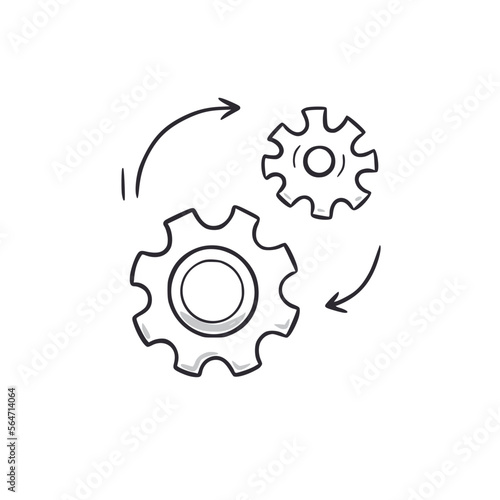 Gear mechanism doodle. Gear wheel hand drawn sketch style icon. Technology engine, idea, team doodle drawn concept. Vector illustration.