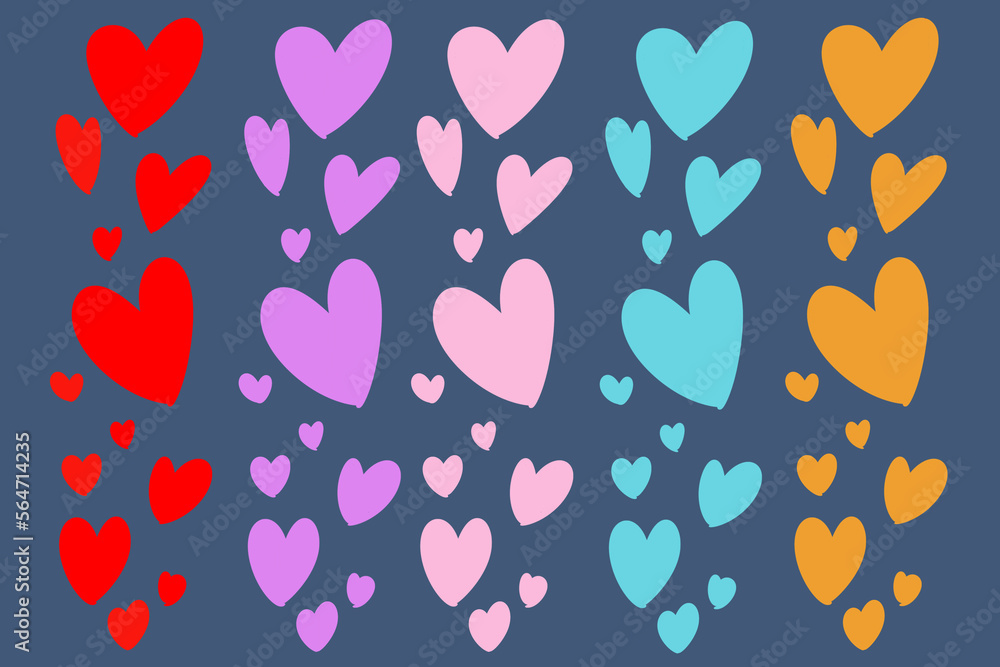 Obraz premium A hand-drawn wallpaper with five rows of hearts in red,purple,pink,blue and orange.Big and small.On a dark blue background.In cartoon style, flat.For Valentine day, for valentines card.Love,romances.