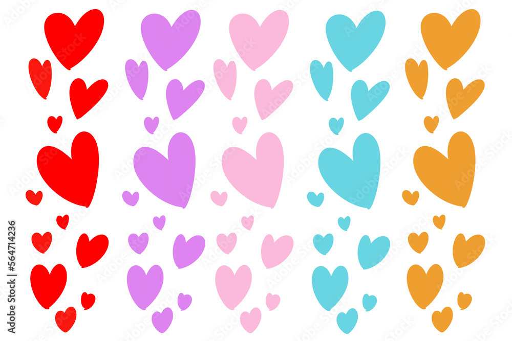 A hand-drawn wallpaper  of five rows of colourful hearts of different sizes. Red, purple, pink, blue and orange. On a white background, isolated. For Valentine day, on valentines card. Love, lovers.