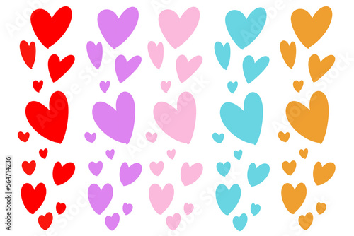 A hand-drawn wallpaper  of five rows of colourful hearts of different sizes. Red, purple, pink, blue and orange. On a white background, isolated. For Valentine day, on valentines card. Love, lovers.