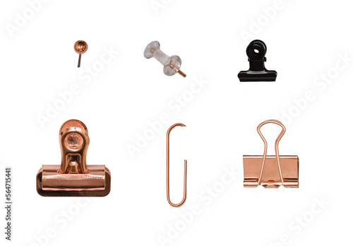Set of isolated pins and clips, modern stationery elements, golden and black color
