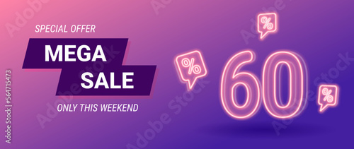 sale neon banner, 60 percent off, vector illustration
