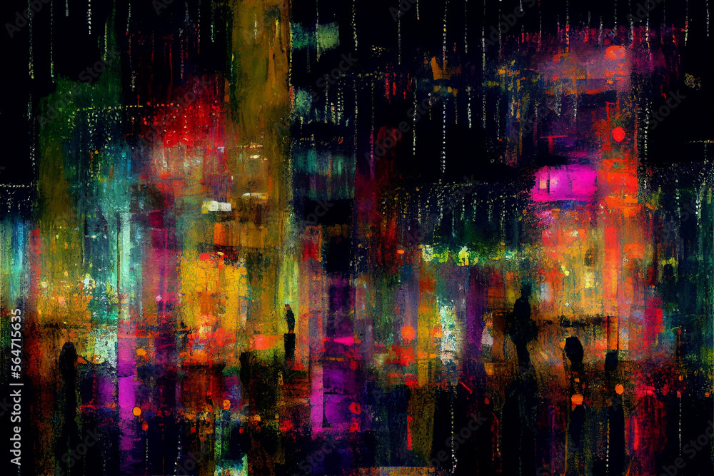 Colorful abstract painting in night city colors. Generative AI.