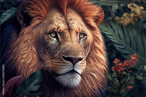 Close-up portrait of Lion king in tropical flowers and leaves. Picturesque portrait Wildlife animal. Digital illustration