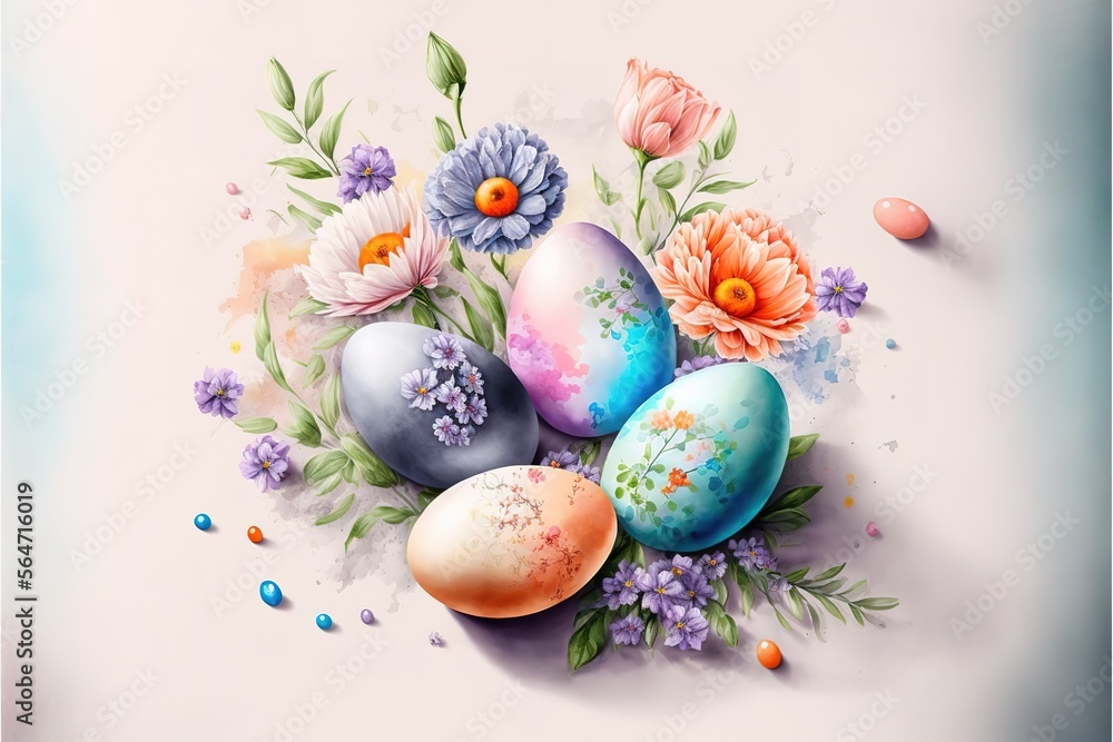 Colorful eggs and flower. Easter watercolor pastel concept background