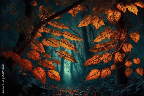 Leaves of trees in a magical fantasy forest. Generative AI technology