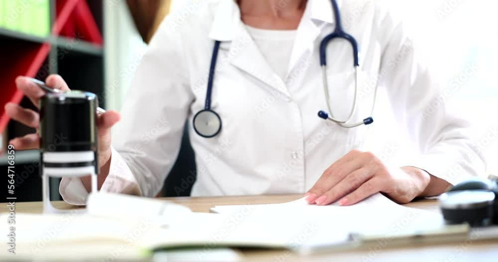 Doctor putting stamp on document in clinic closeup 4k movie slow motion Doctor putting stamp on document in clinic closeup 4k movie slow motion