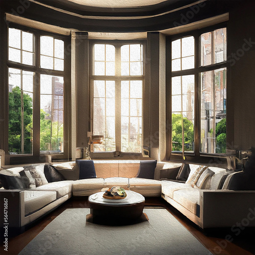 illustrazione creata con intelligenza artificiale di lussuoso salone con ampie finestre che danno su brande divano a forma di arco photo