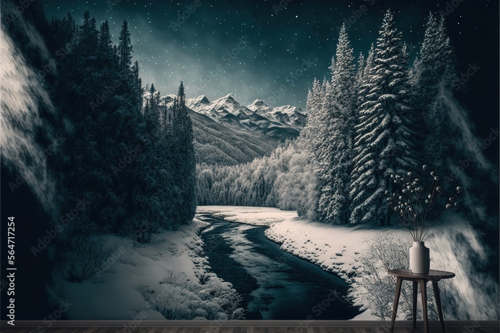 Winter landscape wallpaper with pine forest covered with snow, mountain ...