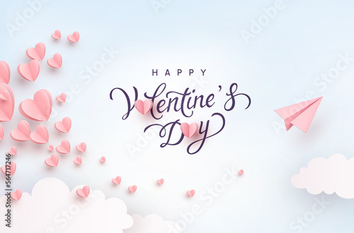 Valentines hearts with plane postcard. Paper flying airplane on blue sky background. Vector symbols of love for Happy Valentine's Day greeting card design