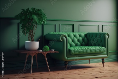 On a green wall with wooden floors, there is a green sofa and table © Azar