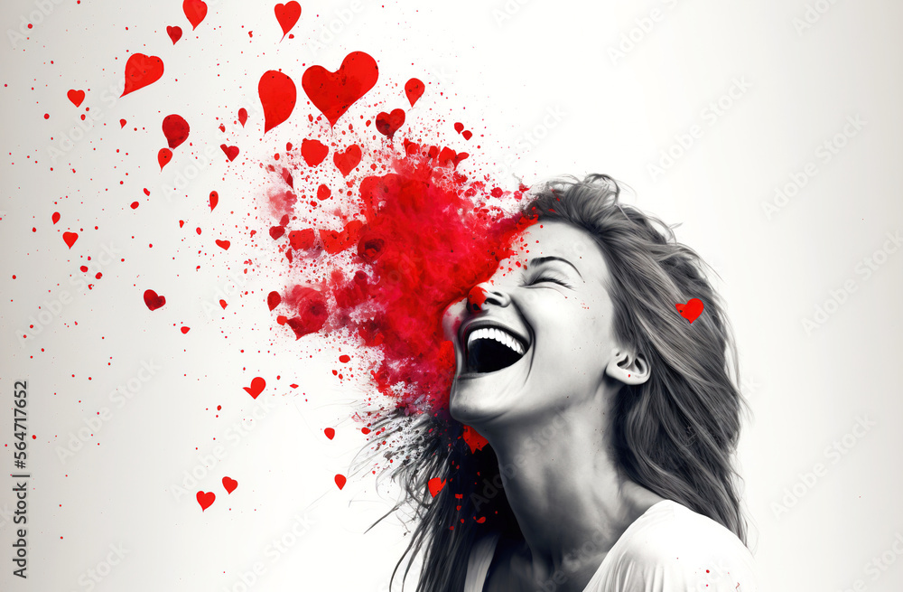 Fototapeta premium Generative AI illustration of Girl spitting out red hearts