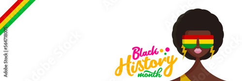 Black history month horizontal banner with stylized afro American woman isolated on white background. Black history month poster, flyer, background with pretty african modern girl with sunglasses