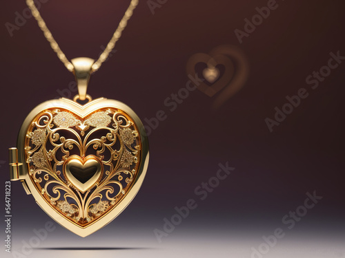 A heart-shaped golden locket with intricate engravings and filigree work. Perfect for special occasions such as Valentine’s Day and Wedding Anniversary. Generative AI.