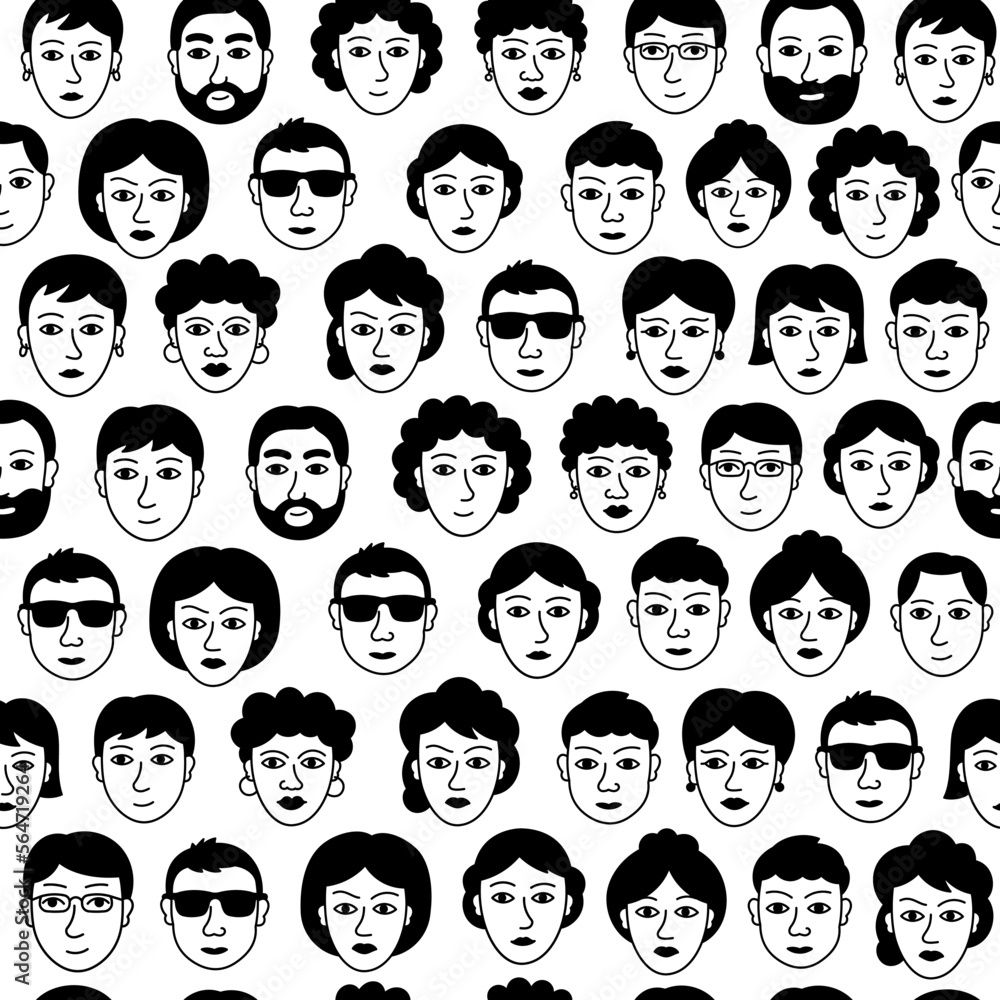 People faces pattern. Black and white doodle. Vector hand drawn illustration. People faces pattern. Black and white doodle. Vector hand drawn illustration.